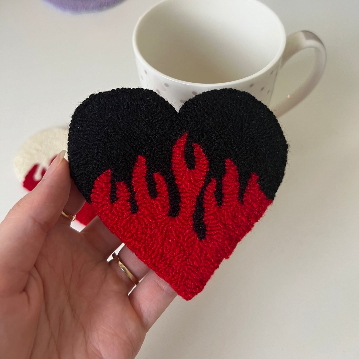 Flamin’ heart mug rugs