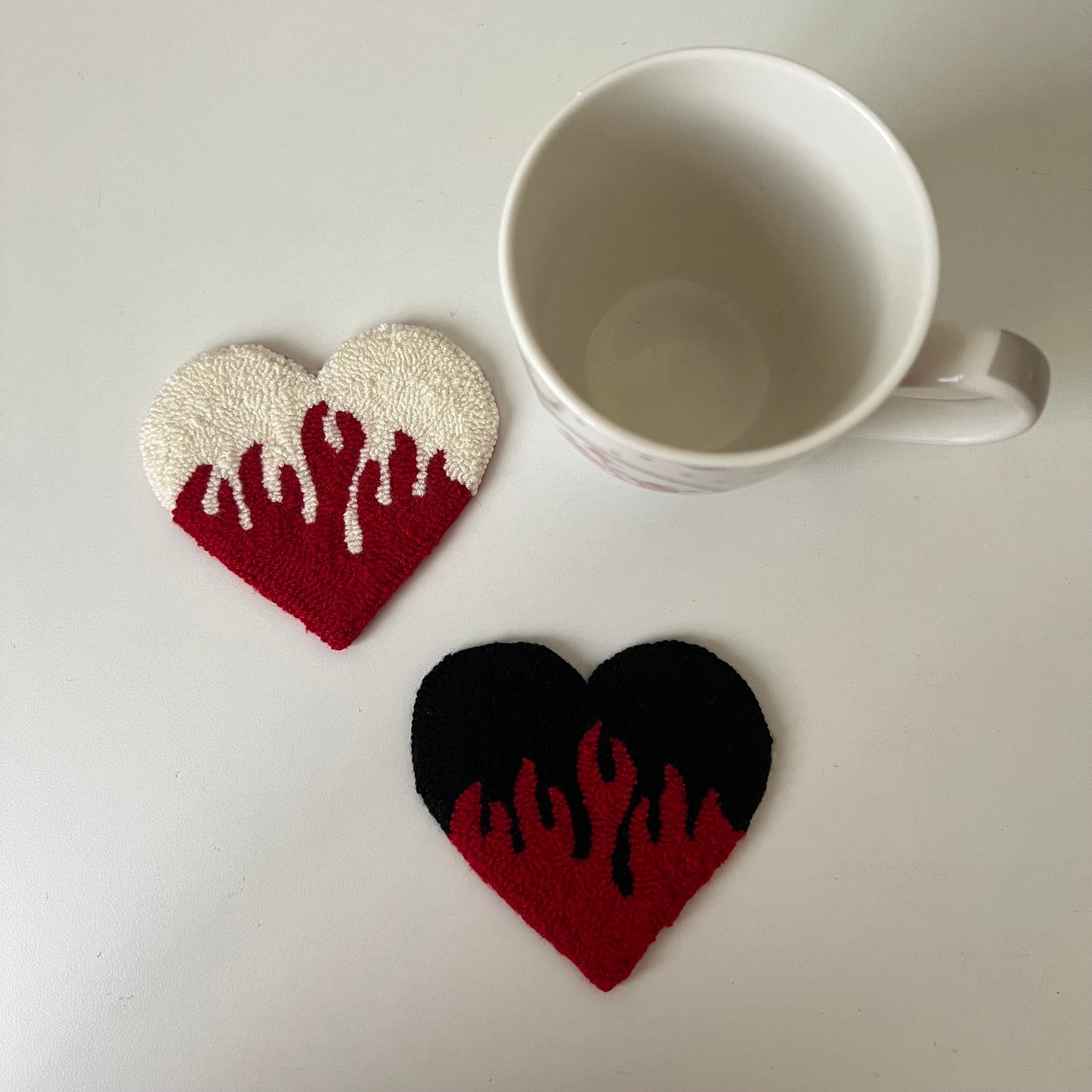 Flamin’ heart mug rugs